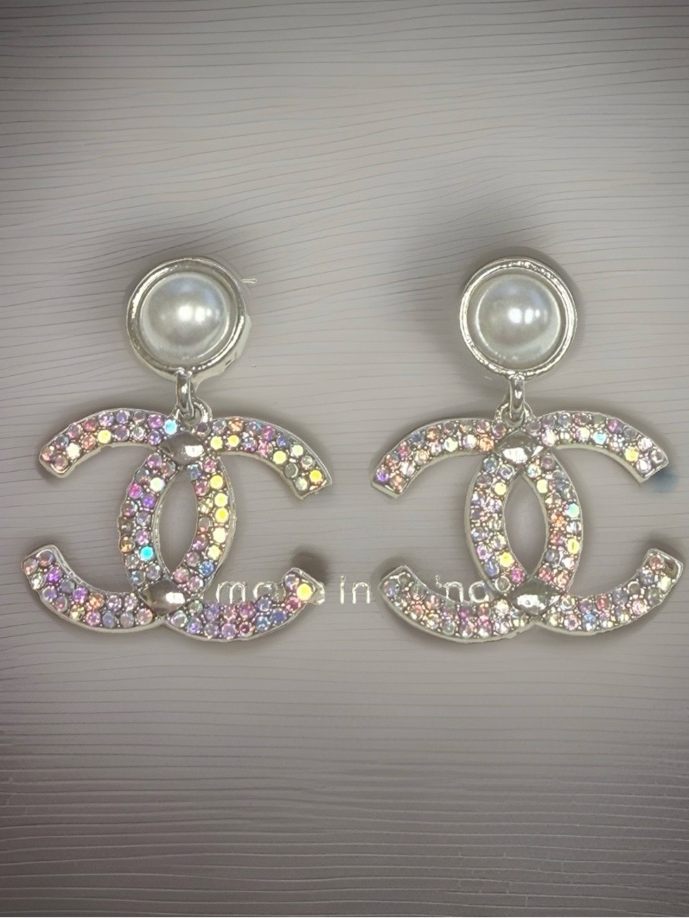 Iridescent Crystal Drop Earrings with Pearl Studs - Pink